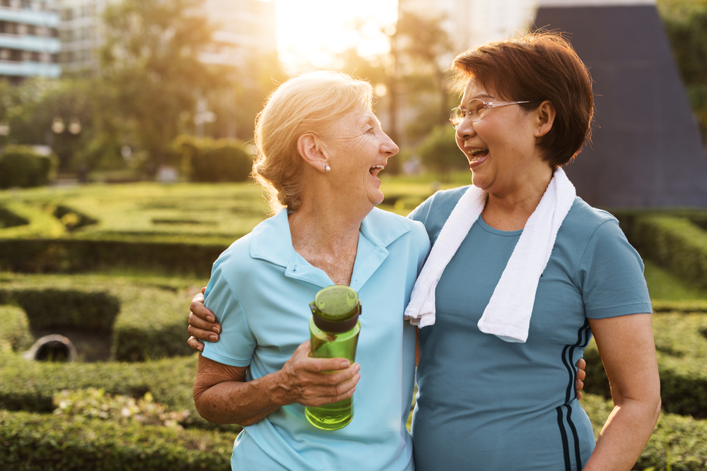 Healthy older women walking outside